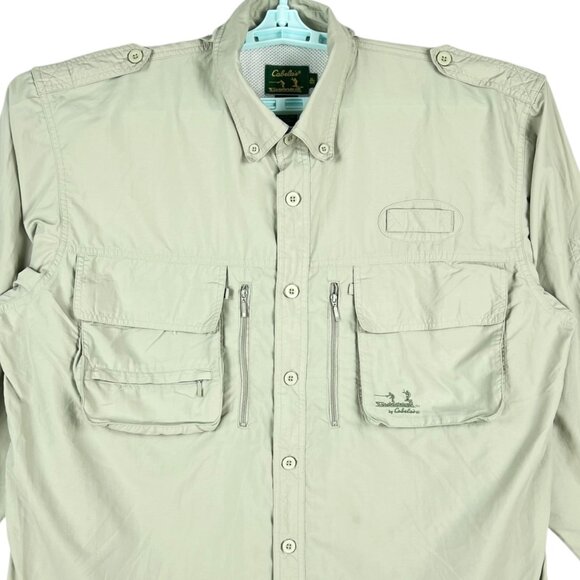 Cabelas Guidewear Men's Light Green Nylon Fishing Shirt XL Pockets & Button Tabs - Picture 3 of 7